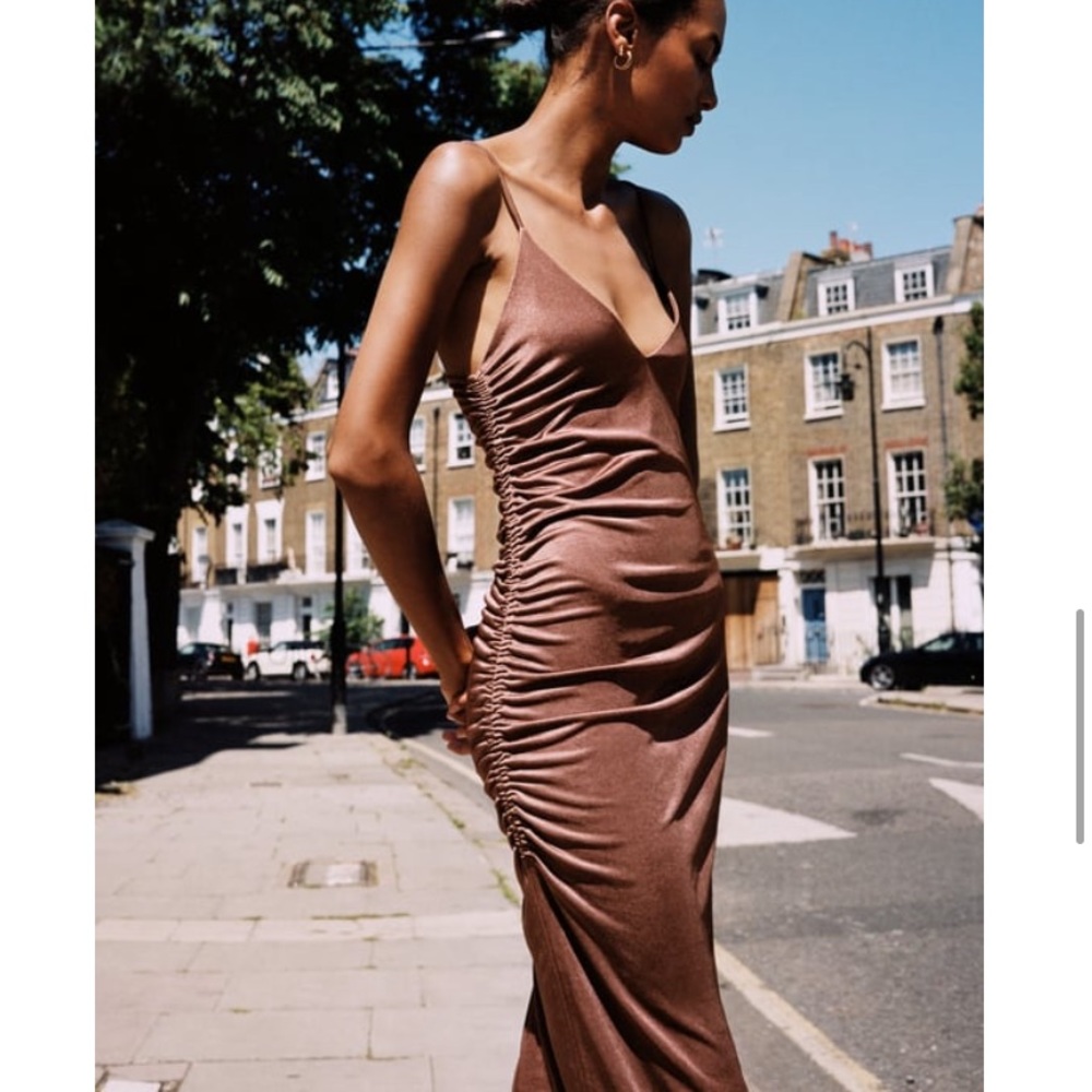 Zara brown satin ruched midi dress